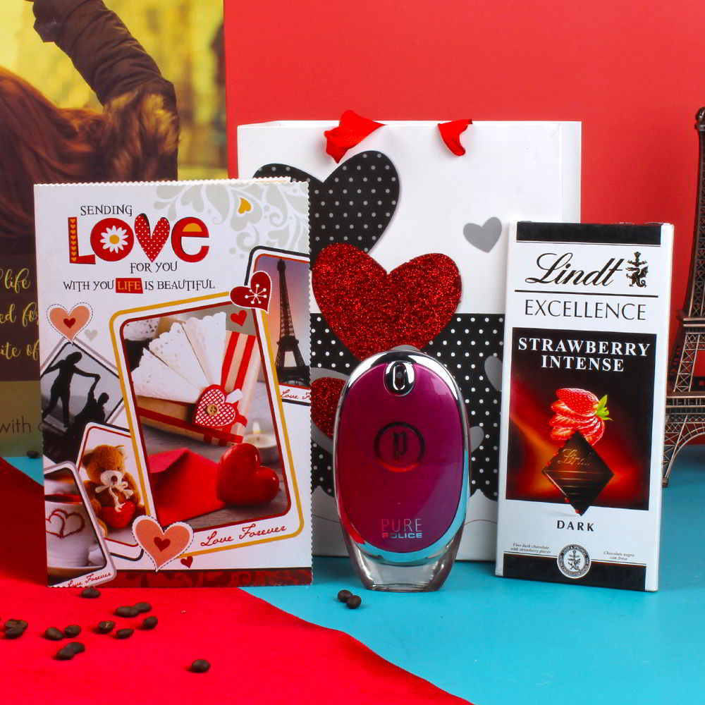 Pure Police Perfum with Lindt Strawberry Chocolate and Love Greeting Card for Her