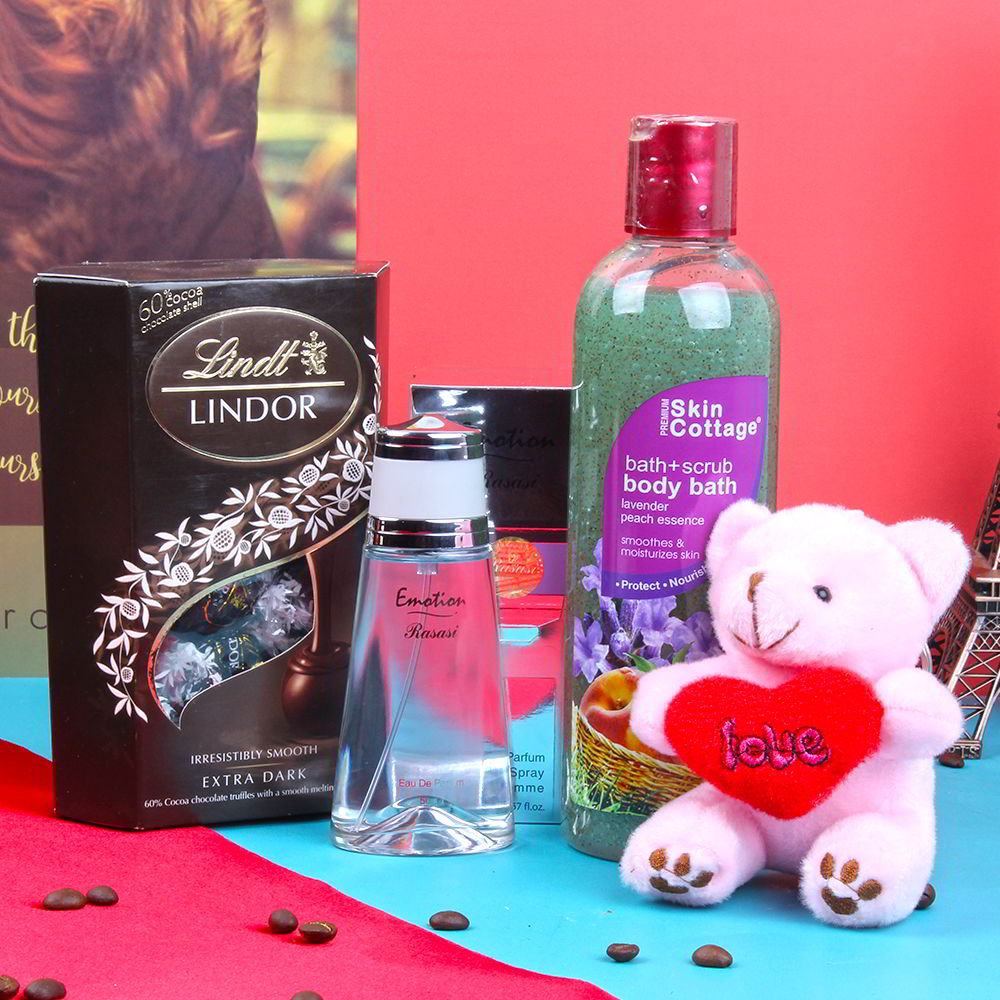 Emotion Rasasi Perfume with Skin Cottage Body Bath Scrub and Lindt Lindor Extra Dark Chocolate Pack for Her