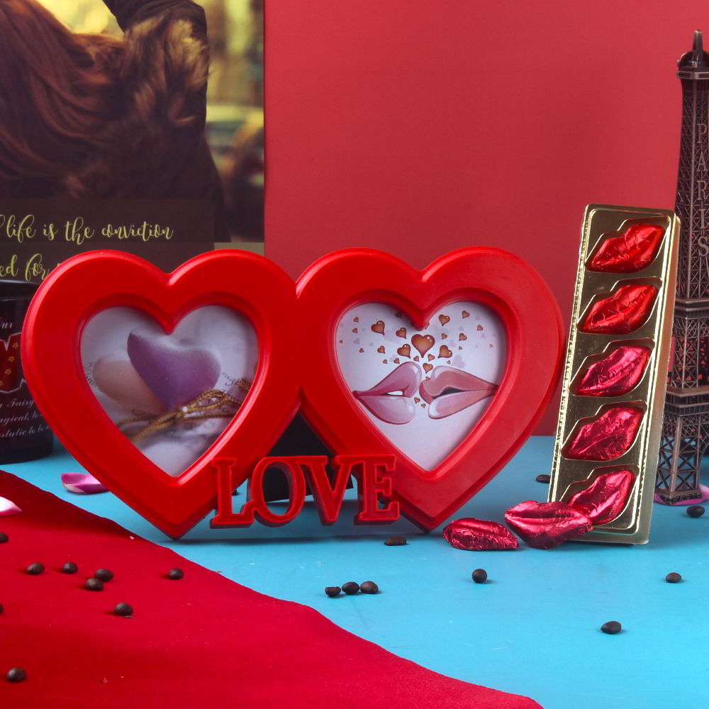 Double Heart Shape Love Photos Frame with Lip Shape Chocolates