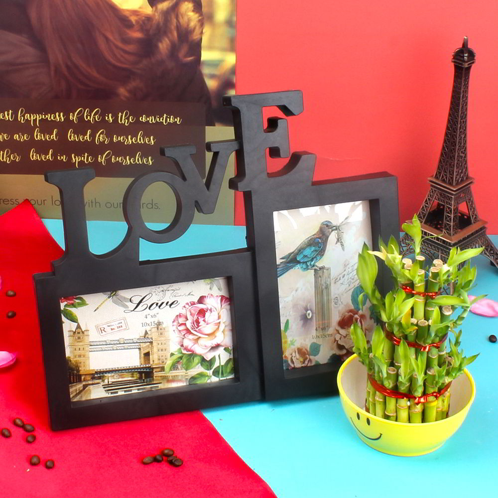 Good Luck Bamboo Plant and Two Photos Love Collage Frame