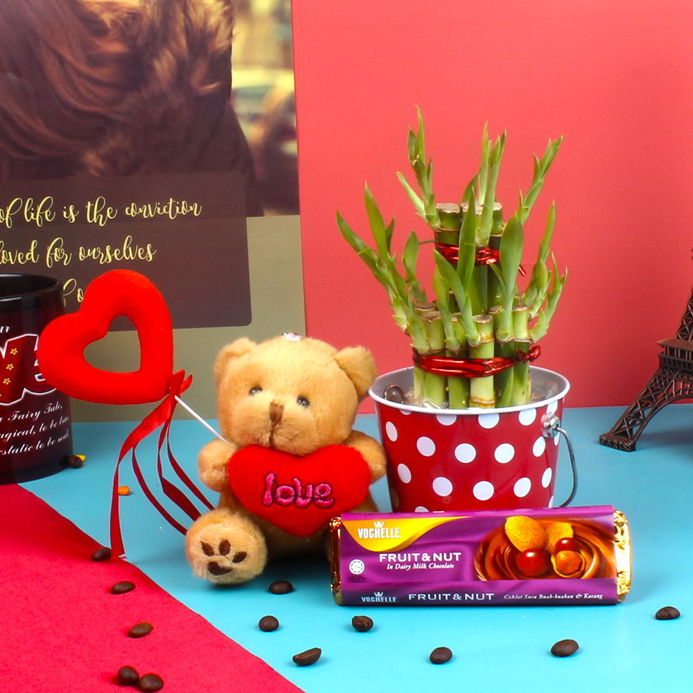 Lucky Love Gift of Bamboo Plant with Teddy and Chocolate