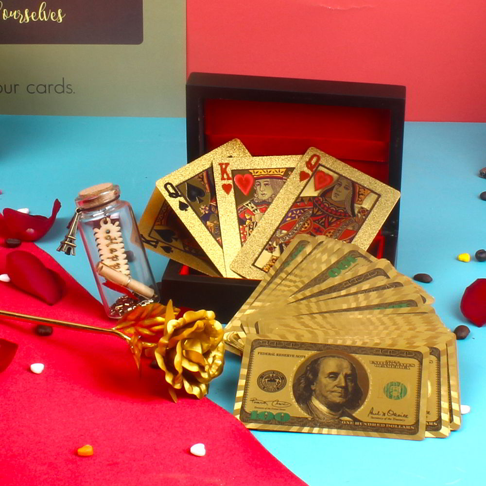 Golden Plated Playing Card with Rose and Personalized Message Bottle