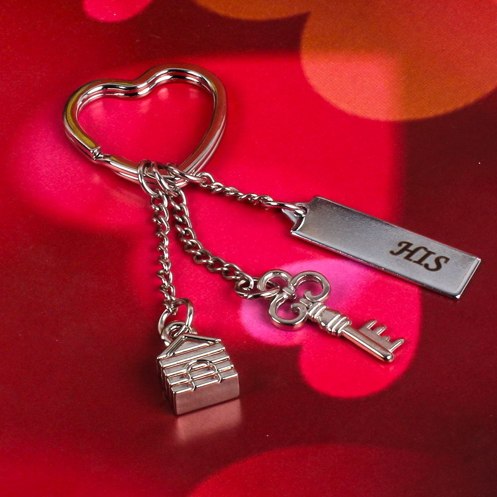 3 in 1 Heart Holder Keychain Set of Cute House and Key with His Label Tag