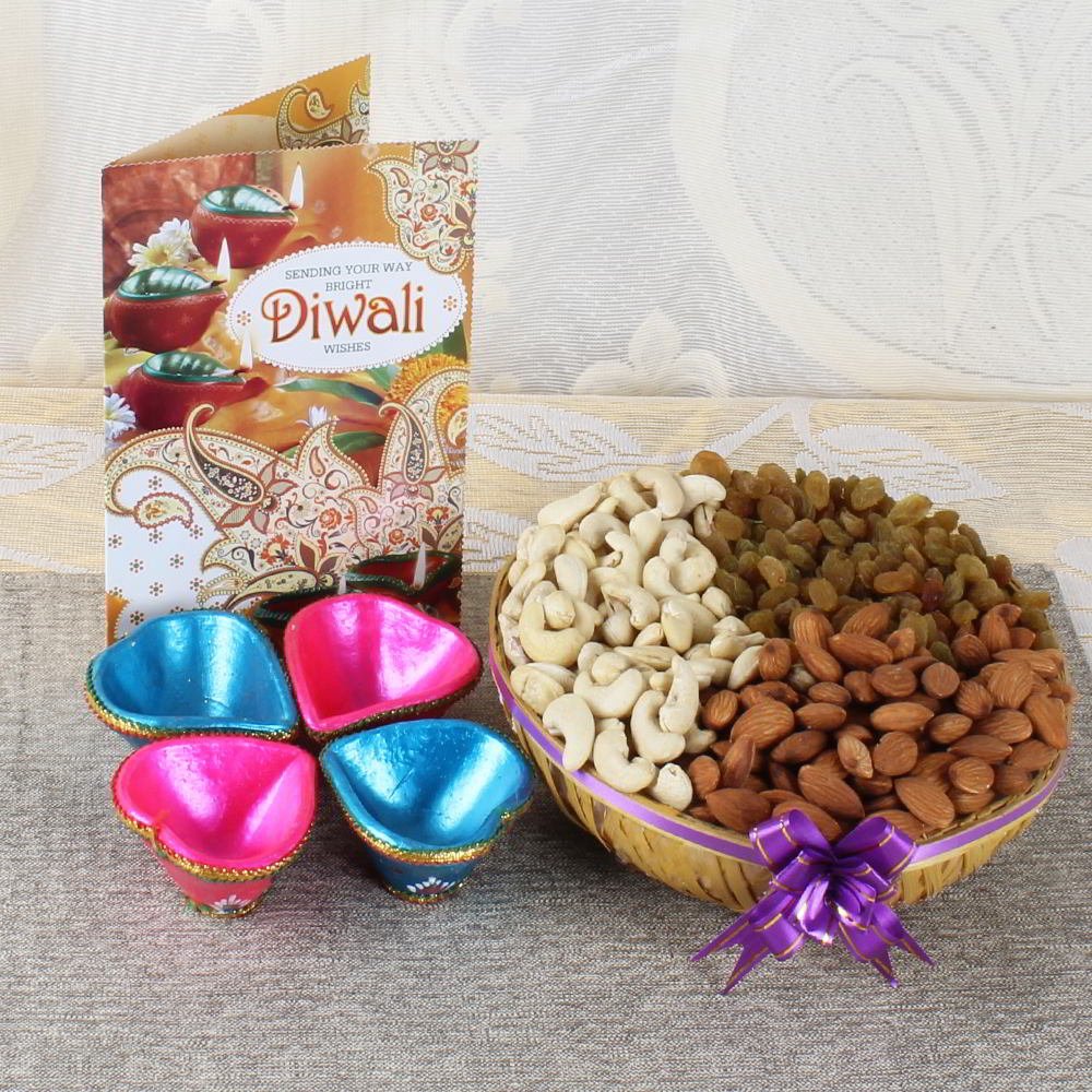 Earthen Diya with Dry Fruits and Diwali Card