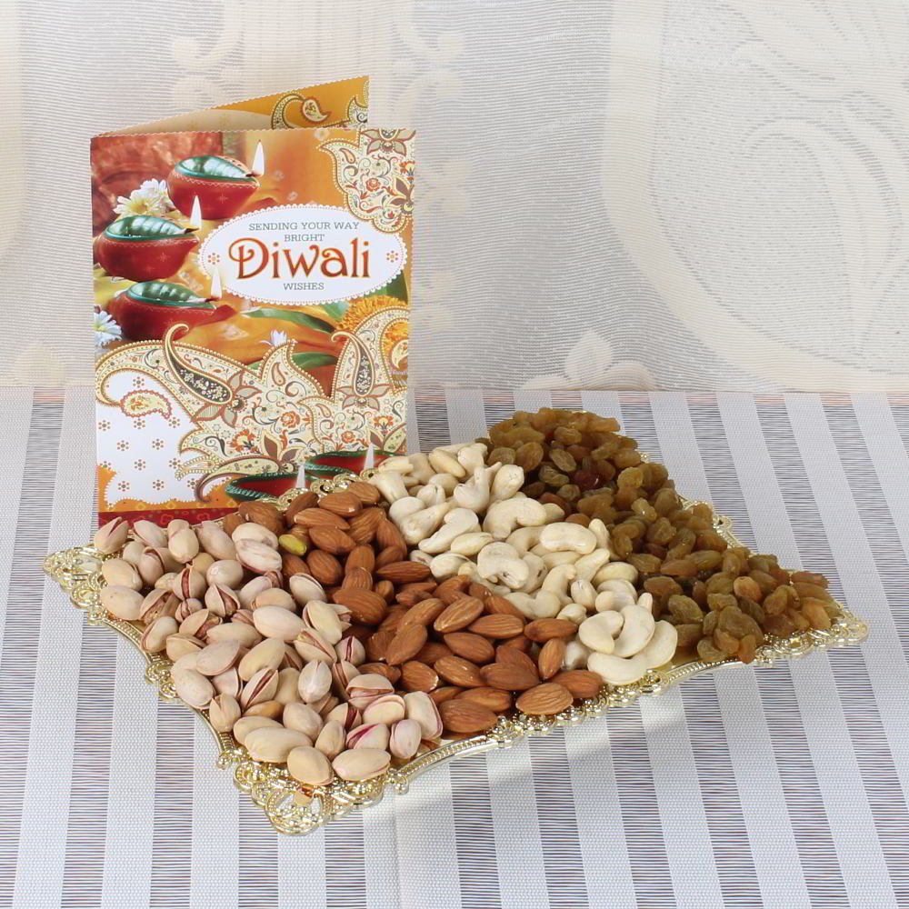 Mix Dry Fruits Tray with Diwali Greeting Card