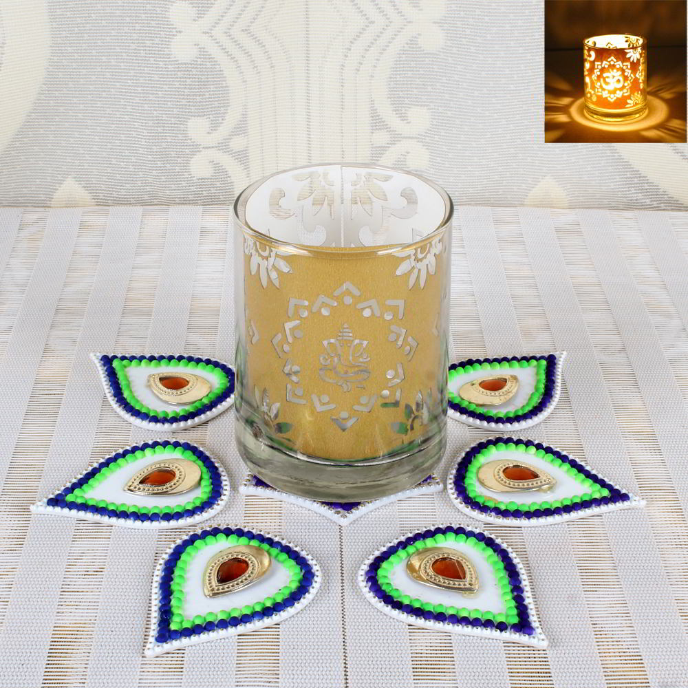 Diwali Pattern Rangoli with OM Ganesha Design Shadow Glass Diya