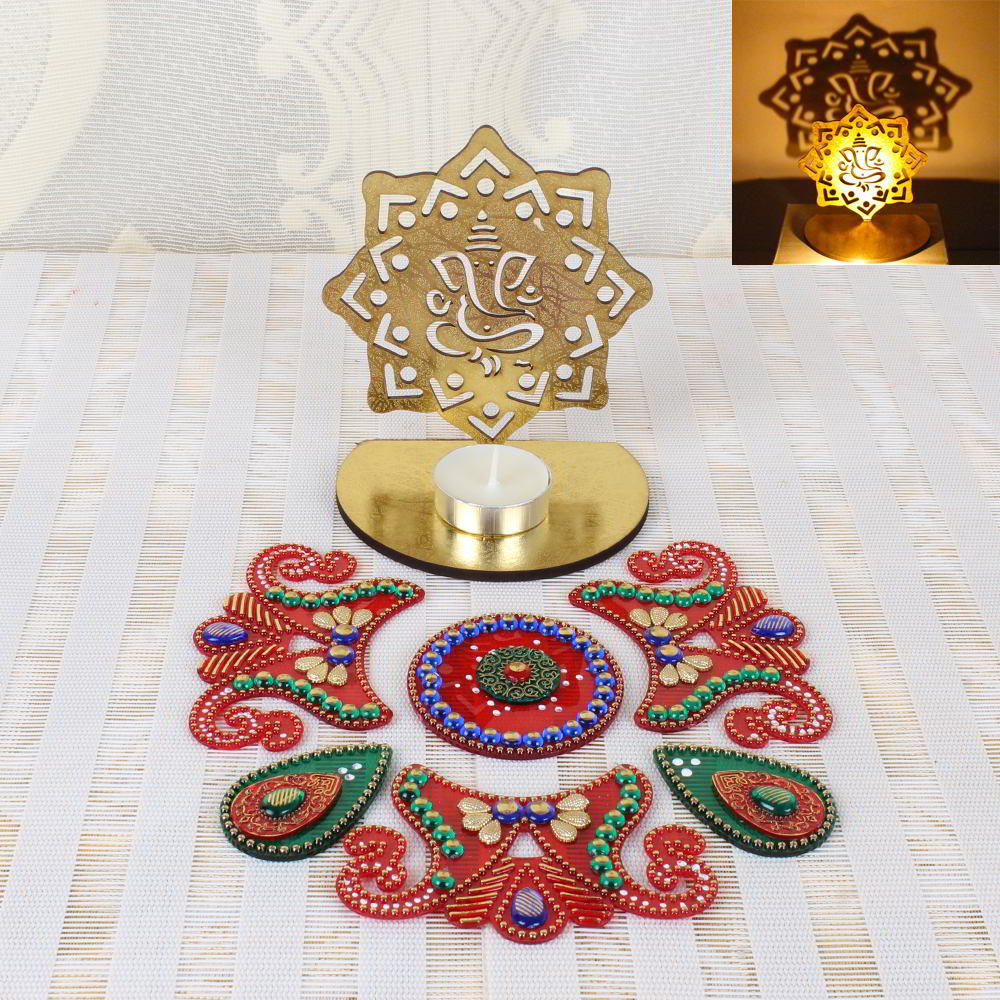 Diwali Pattern Rangoli with Ganesha Shadow Diya