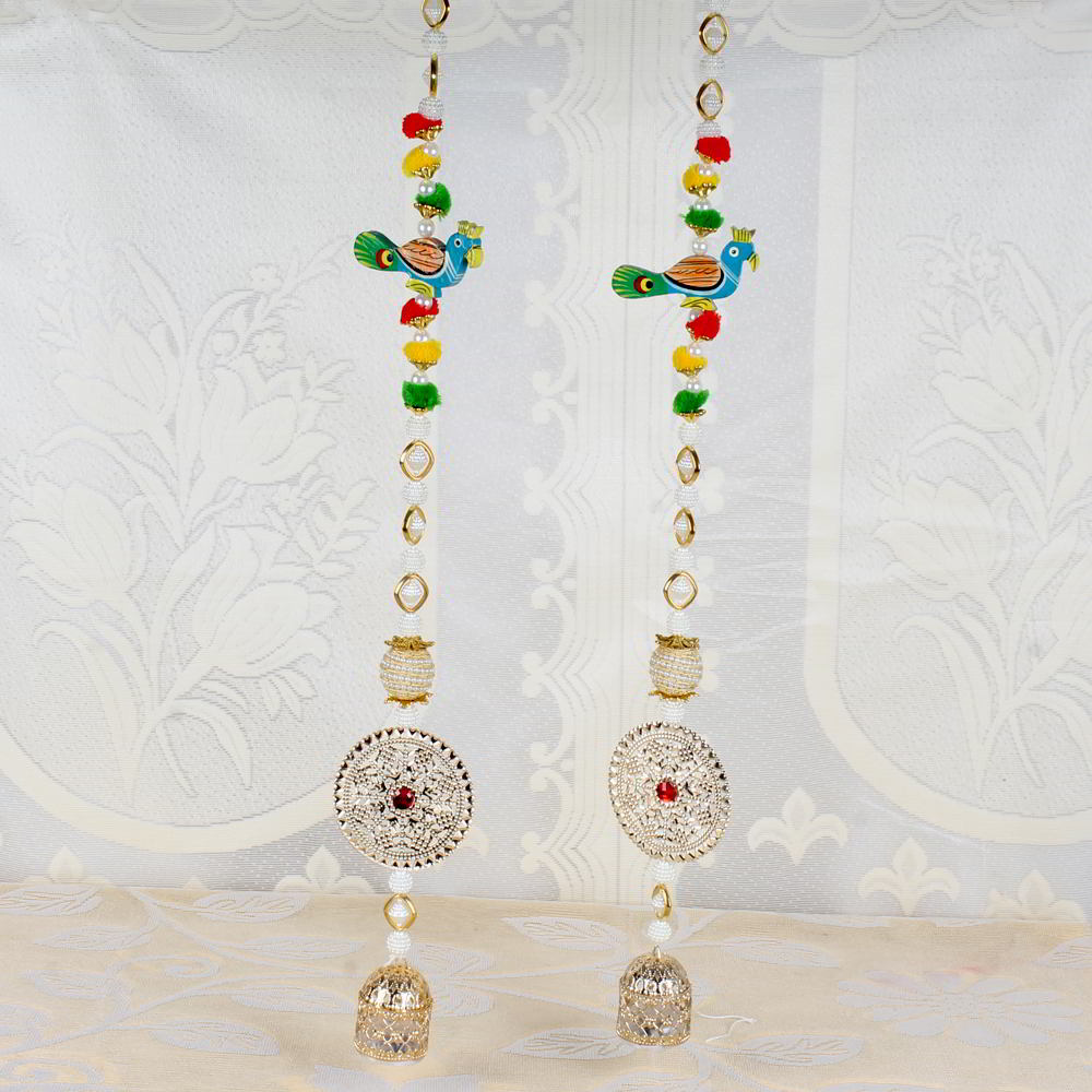 Golden Pearl String Parrot Design Long Diwali Door Hanging