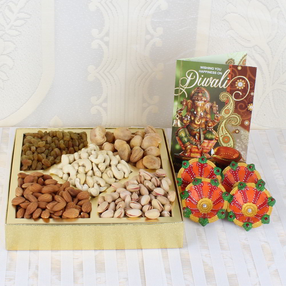 Tasty Nuts with Diwali Card and Earthen Diya