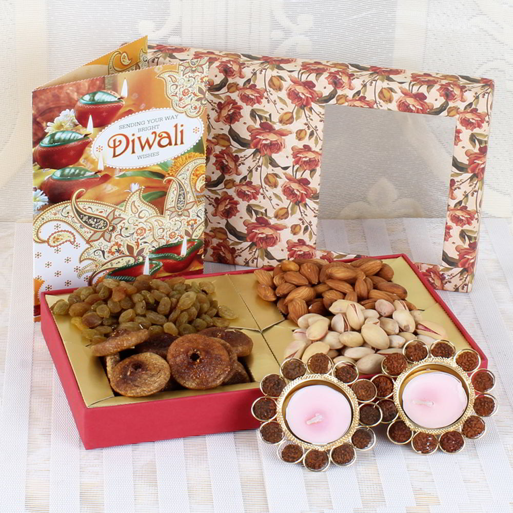 Tea light Diya with Dry Fruits and Diwali Card