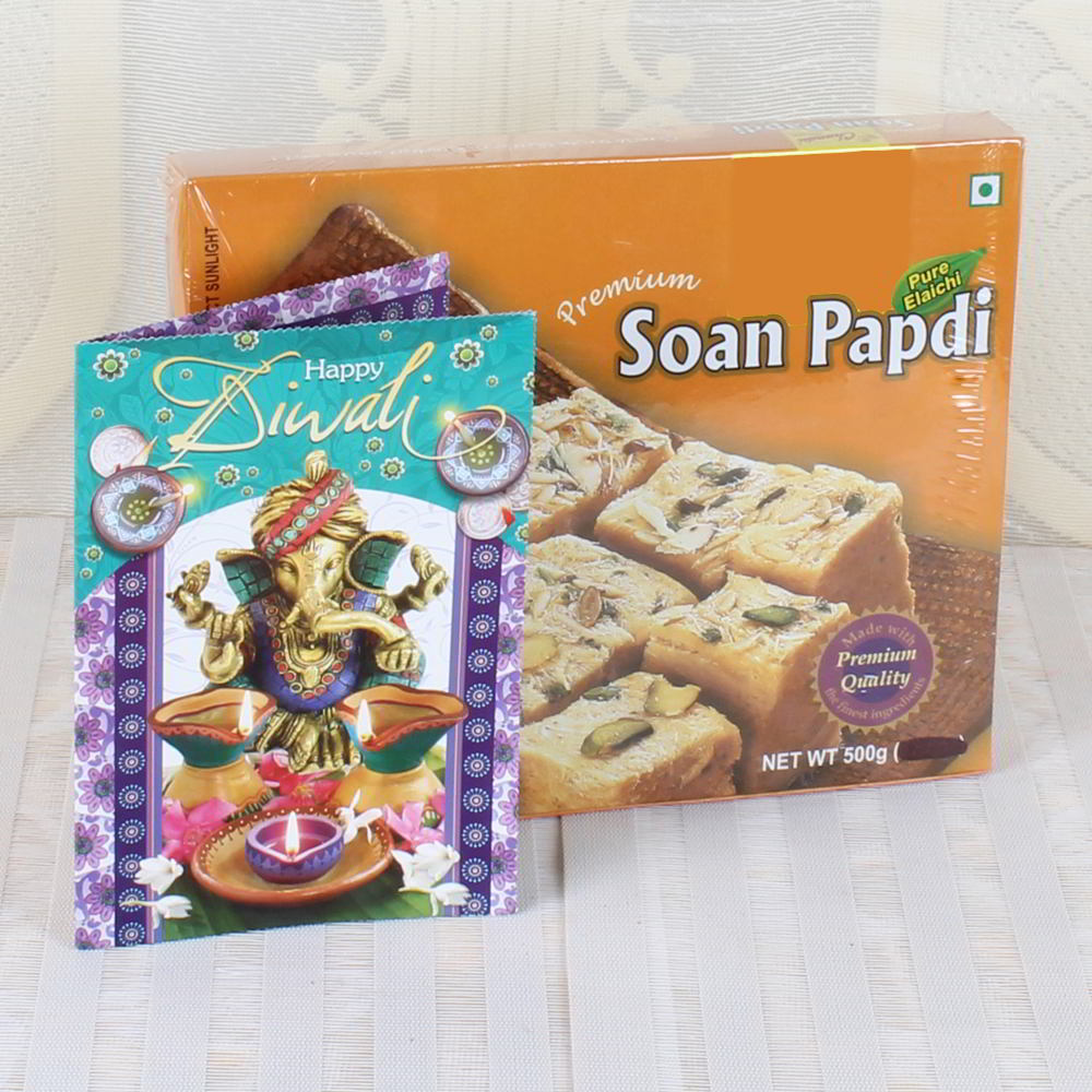 Soan Papdi Sweet with Diwali Greeting Card
