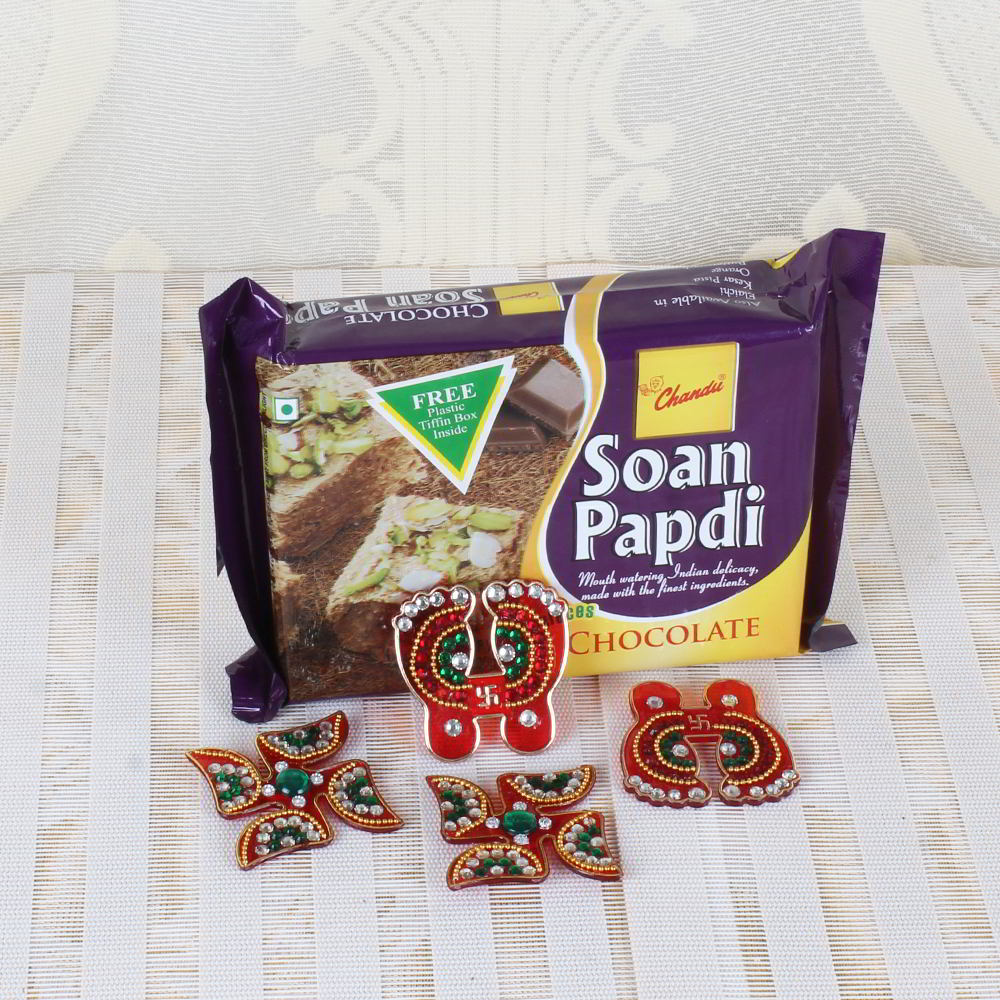 Chocolate Soan Papdi with Diwali Accessories
