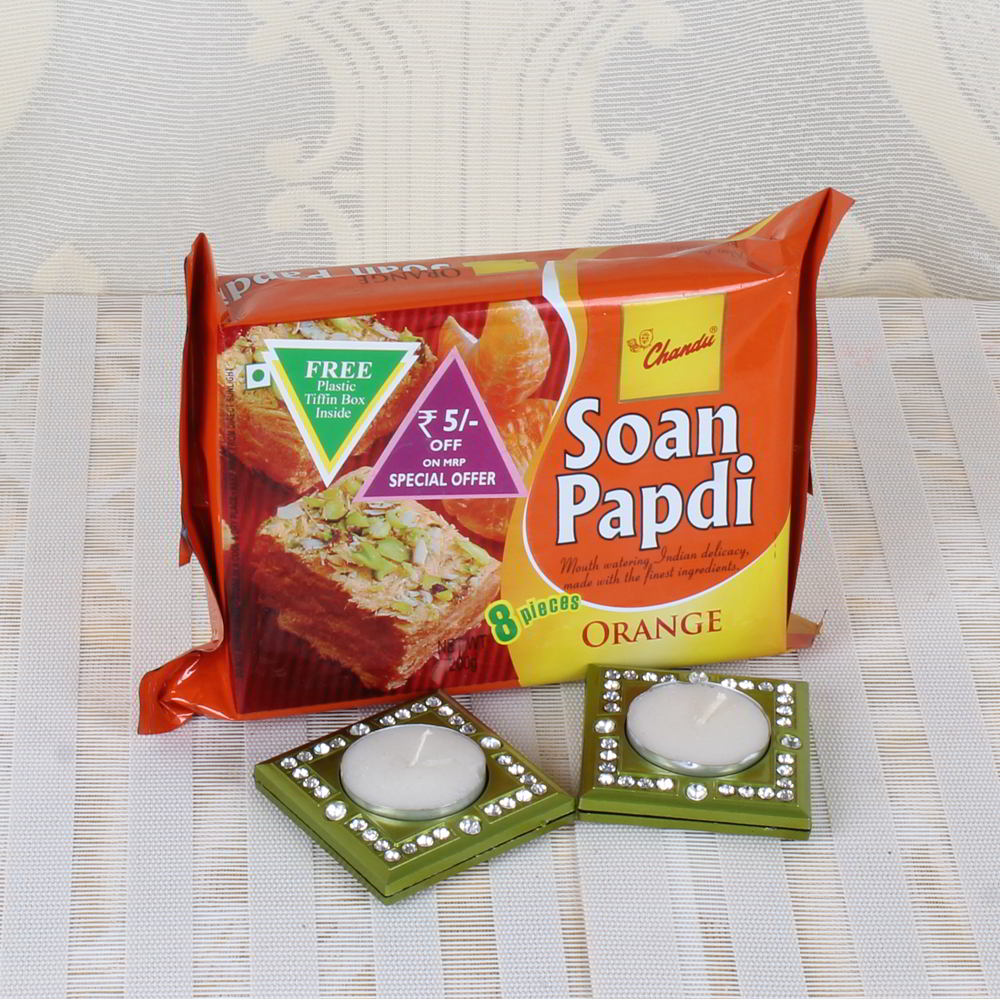 Orange Soan Papdi with Tea light Diya