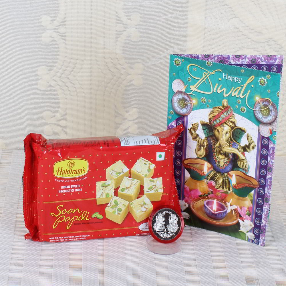Diwali Greeting with Soan Papdi and Silver Coin