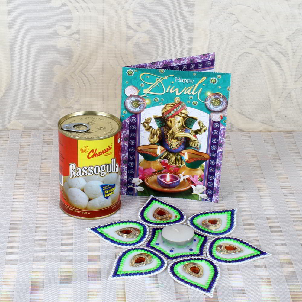 Stunning Rangoli with Rasgulla Sweets and Diwali Card
