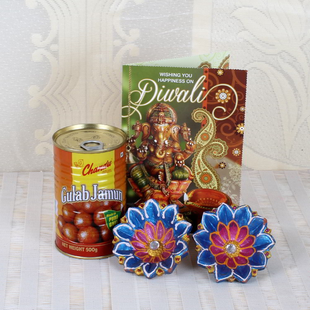 Earthen Diya with Gulab Jamun and Diwali Card