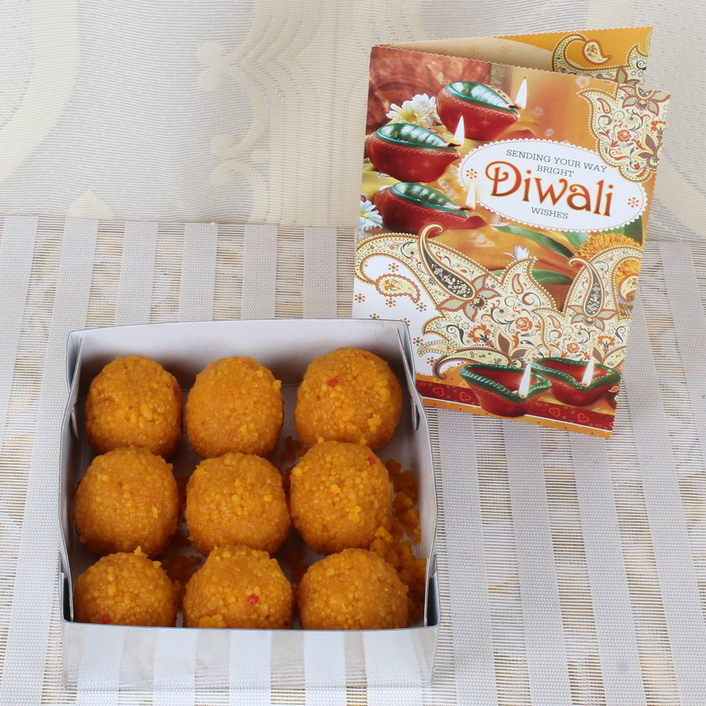 Motichur Ladoo Sweets with Diwali Card