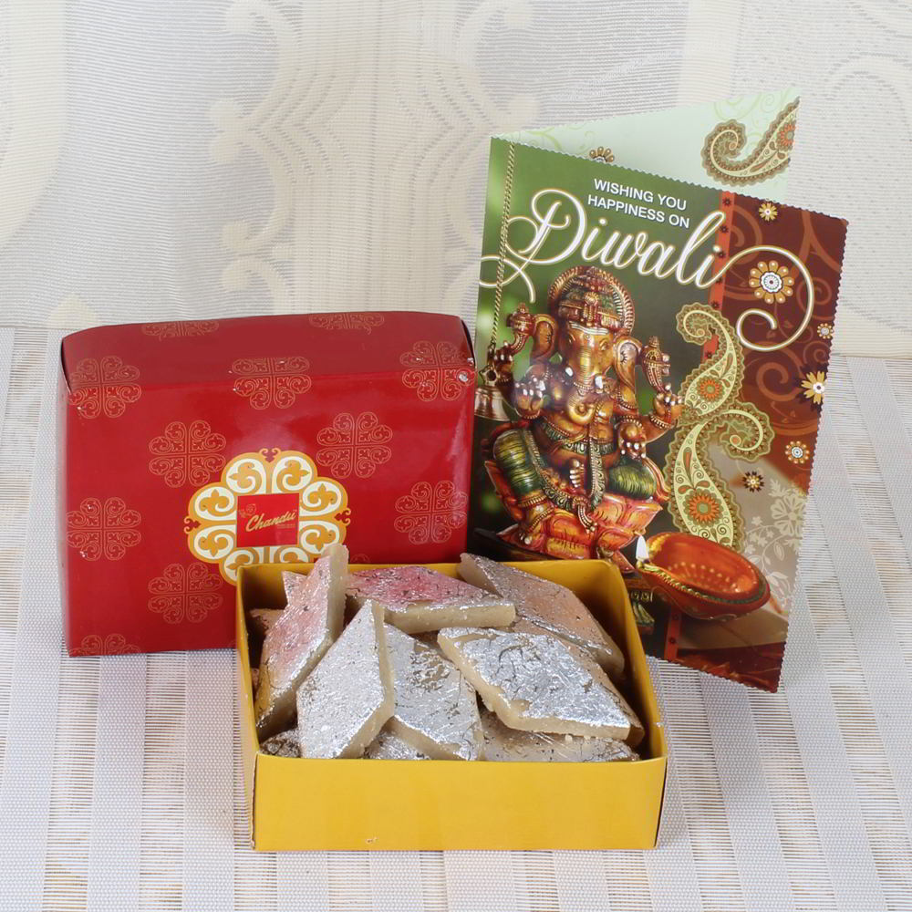 Kaju Katli Sweets with Diwali Greeting