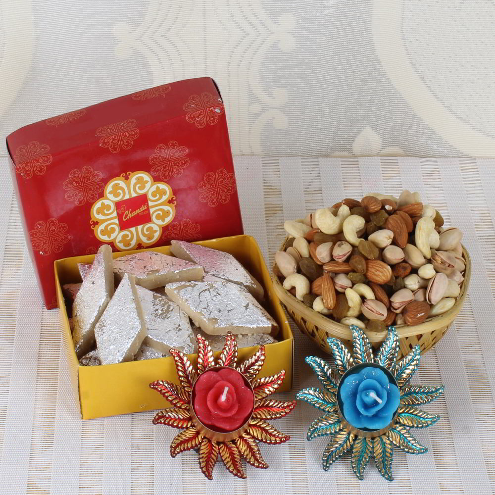 Kaju Katli with Assorted Dry Fruits and Diya Combo