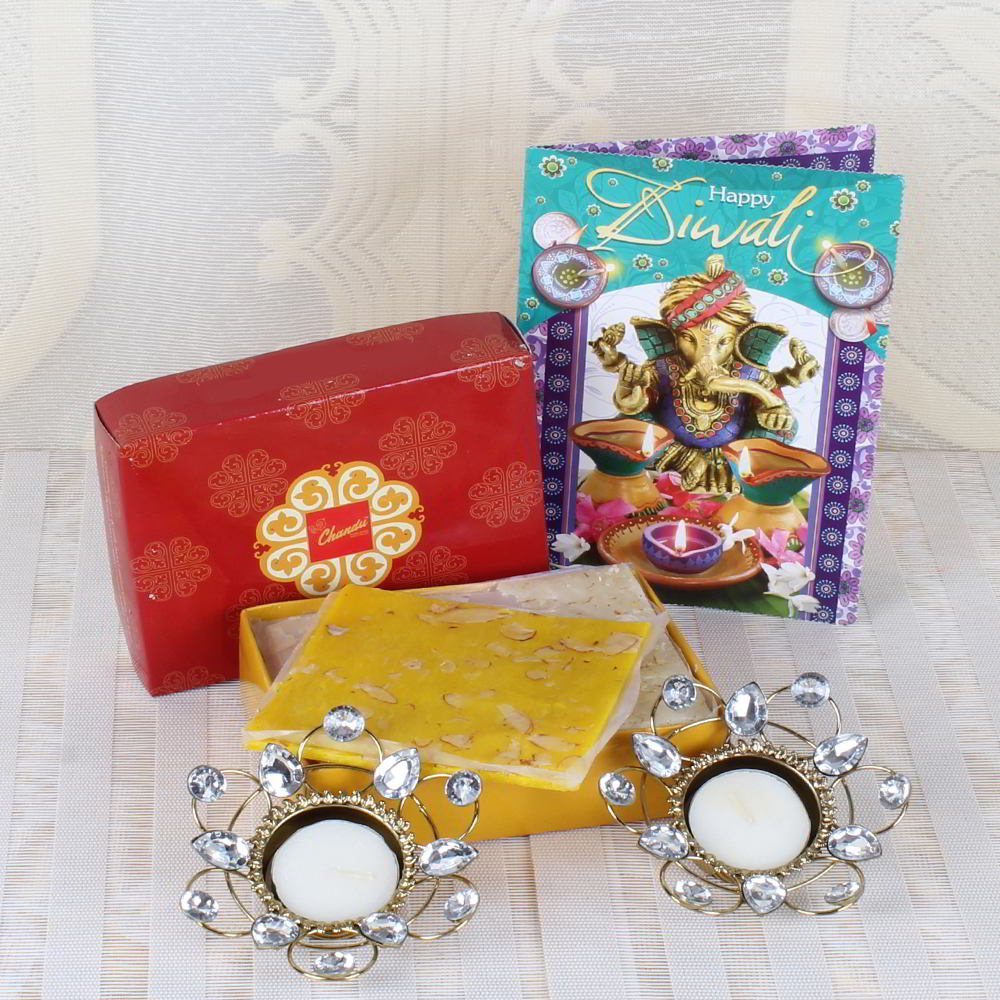 Bombay Halwa Sweets with Diwali Diya and Card