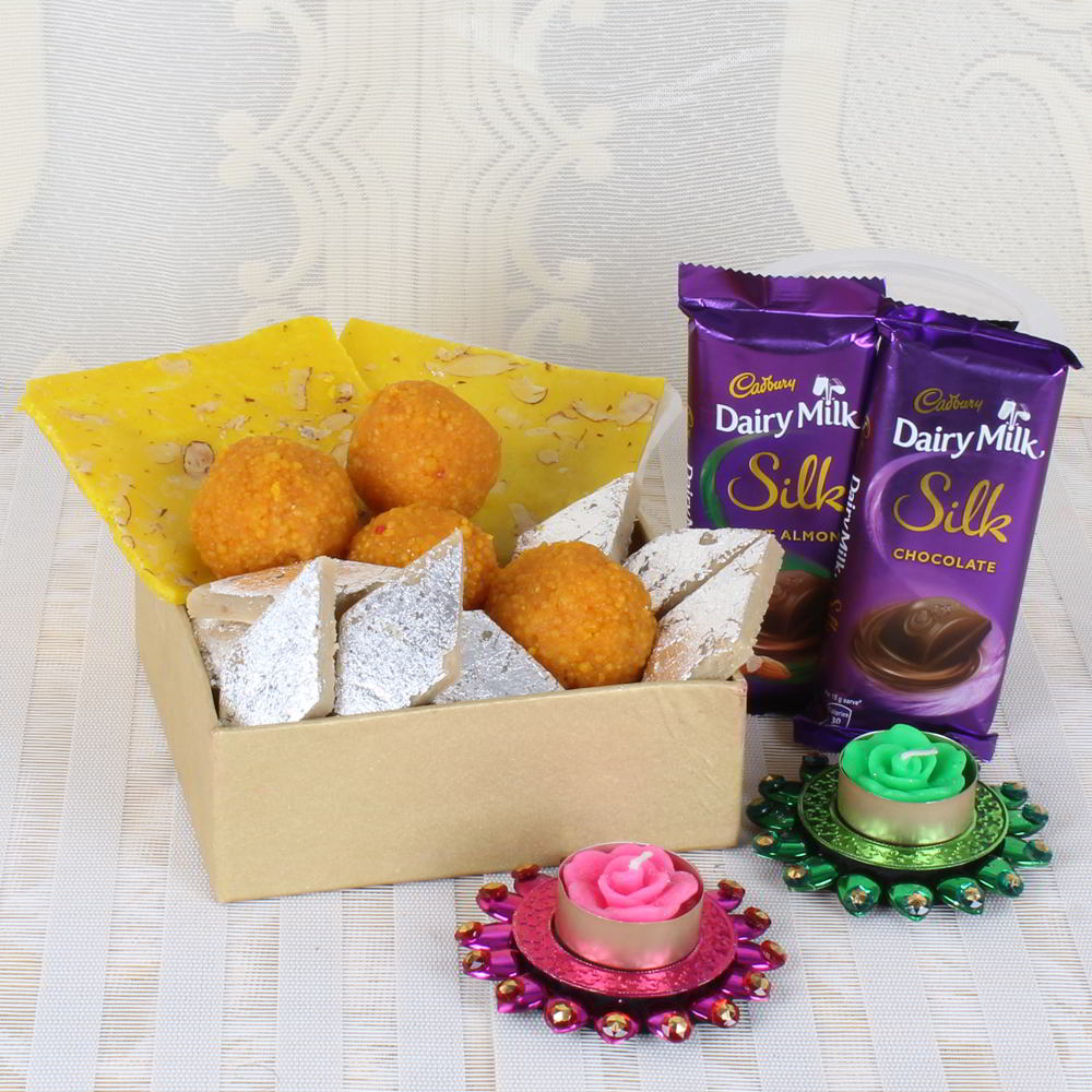 Floating Diya with Assorted Sweets and Silk Chocolate