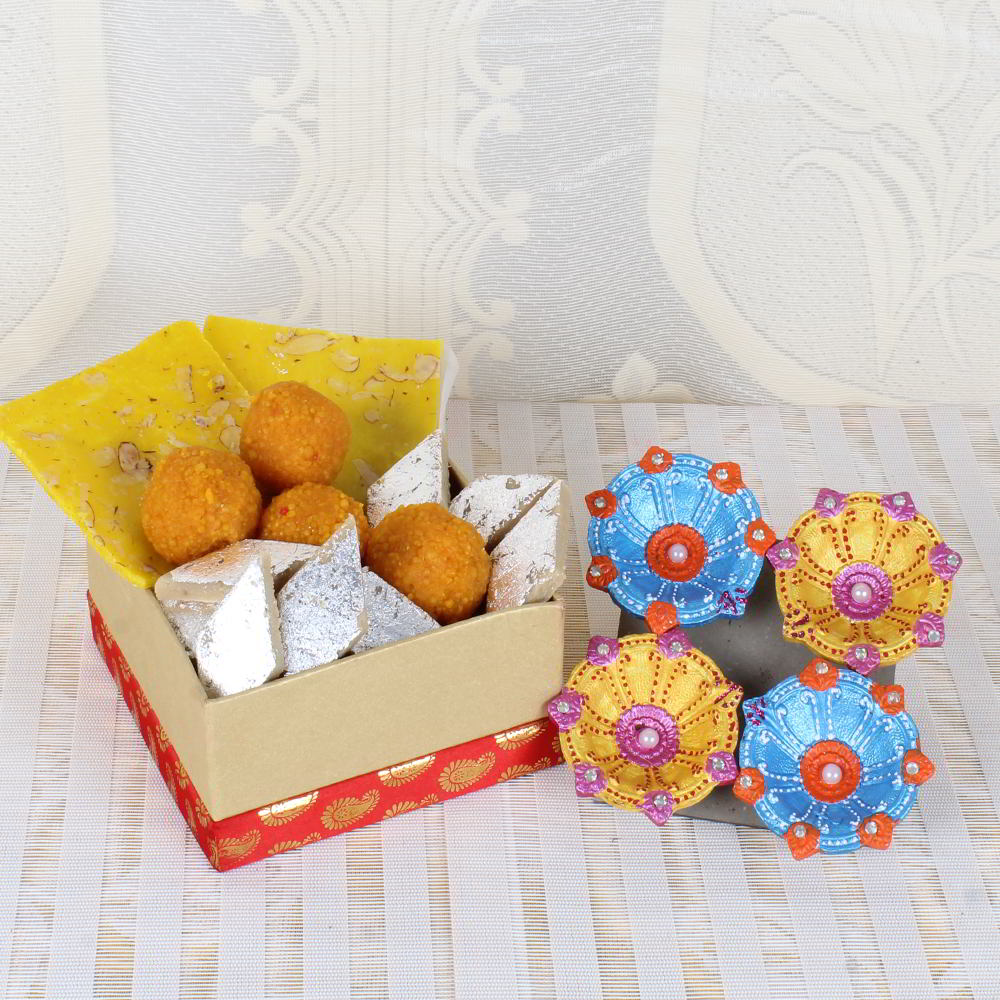 Colorful Earthen Diya and Assorted Sweets