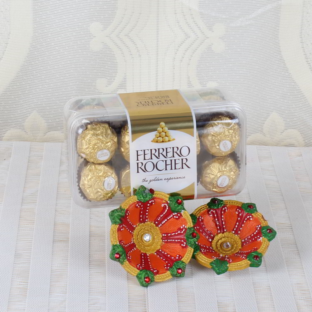 Diwali Colorful Earthen Diya with Ferrero Rocher Chocolate