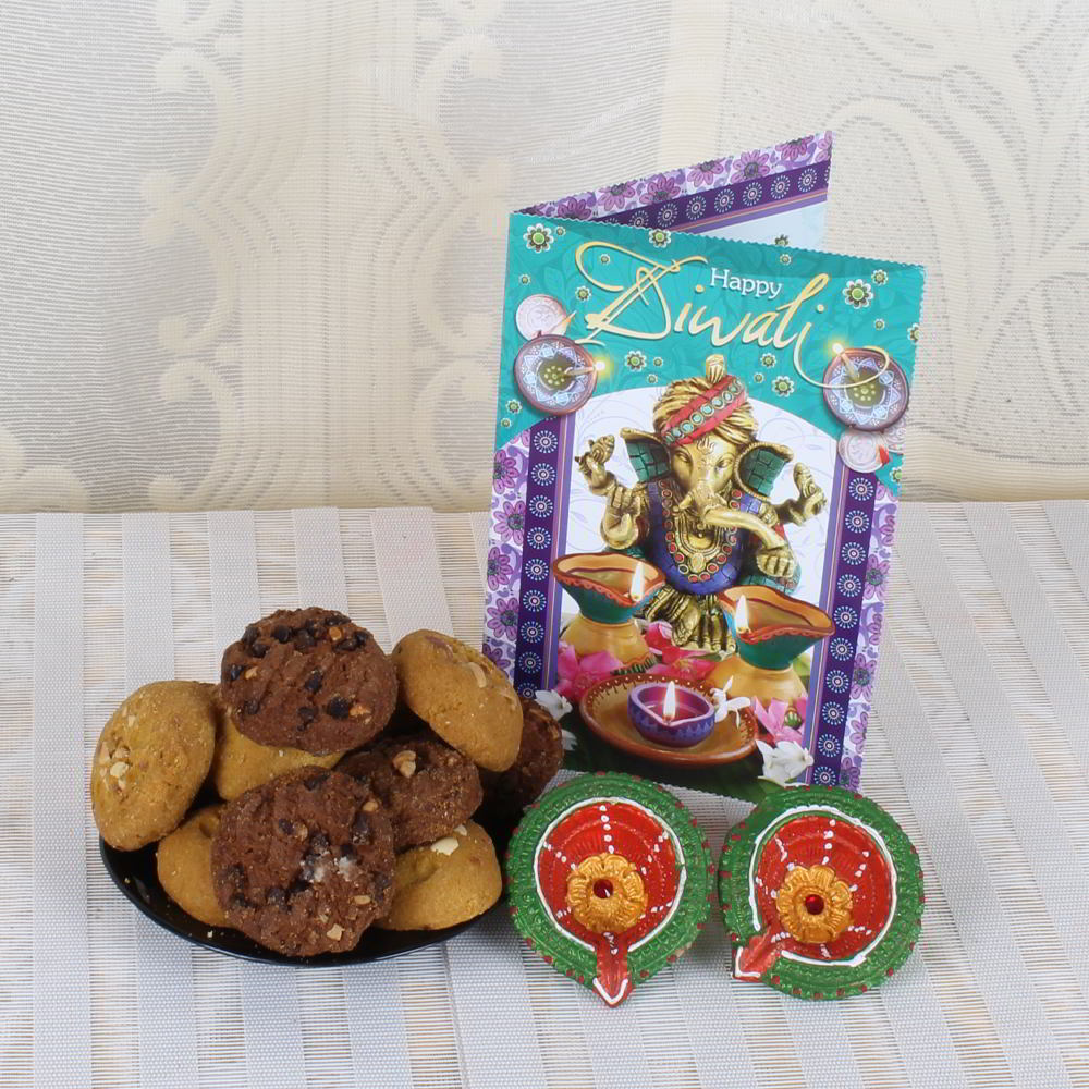 Mixed Cookies with Earthen Diya and Greeting Card