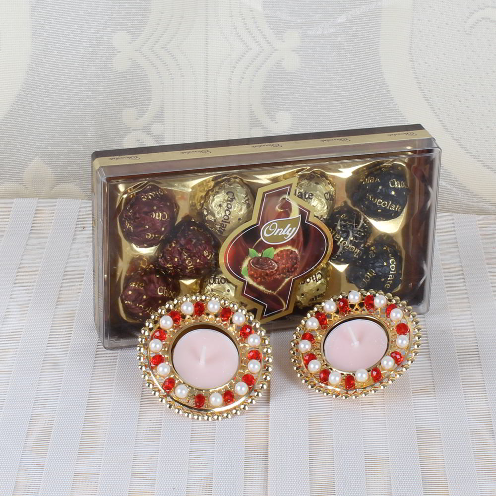 Pearl Beads Metal Diya with Only Chocolate