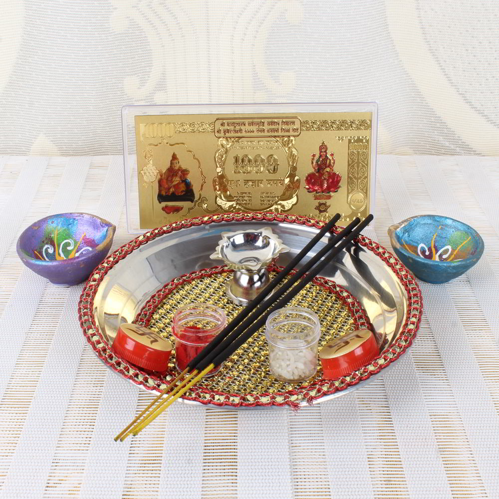 Diwali Pooja Thali with Kuber Lakshmi Note and Earthen Diya
