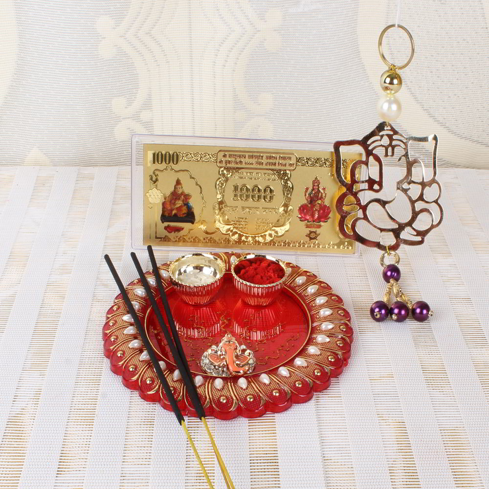 Acrylic Designer Thali with Ganesha Hanging and Kuber Lakshmi Note