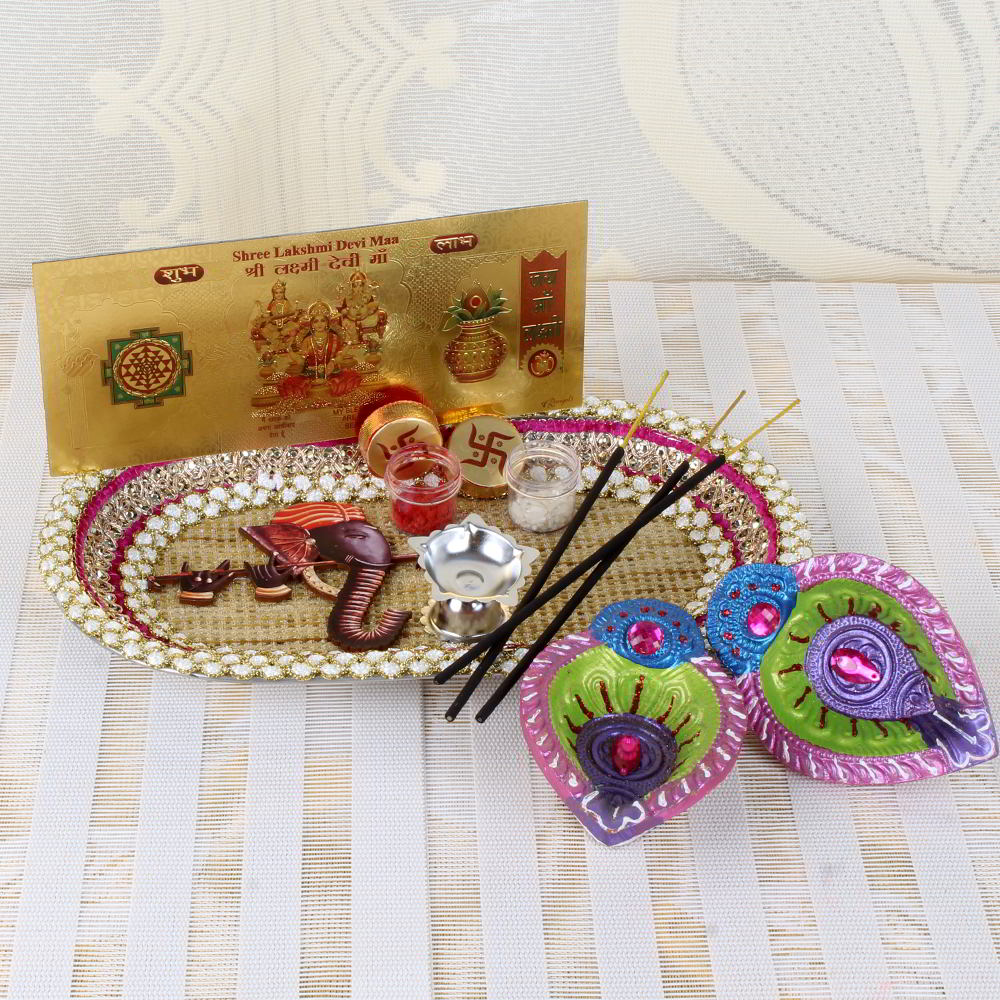 Ganesha Thali with Earthen Diya and Lakshmi Note