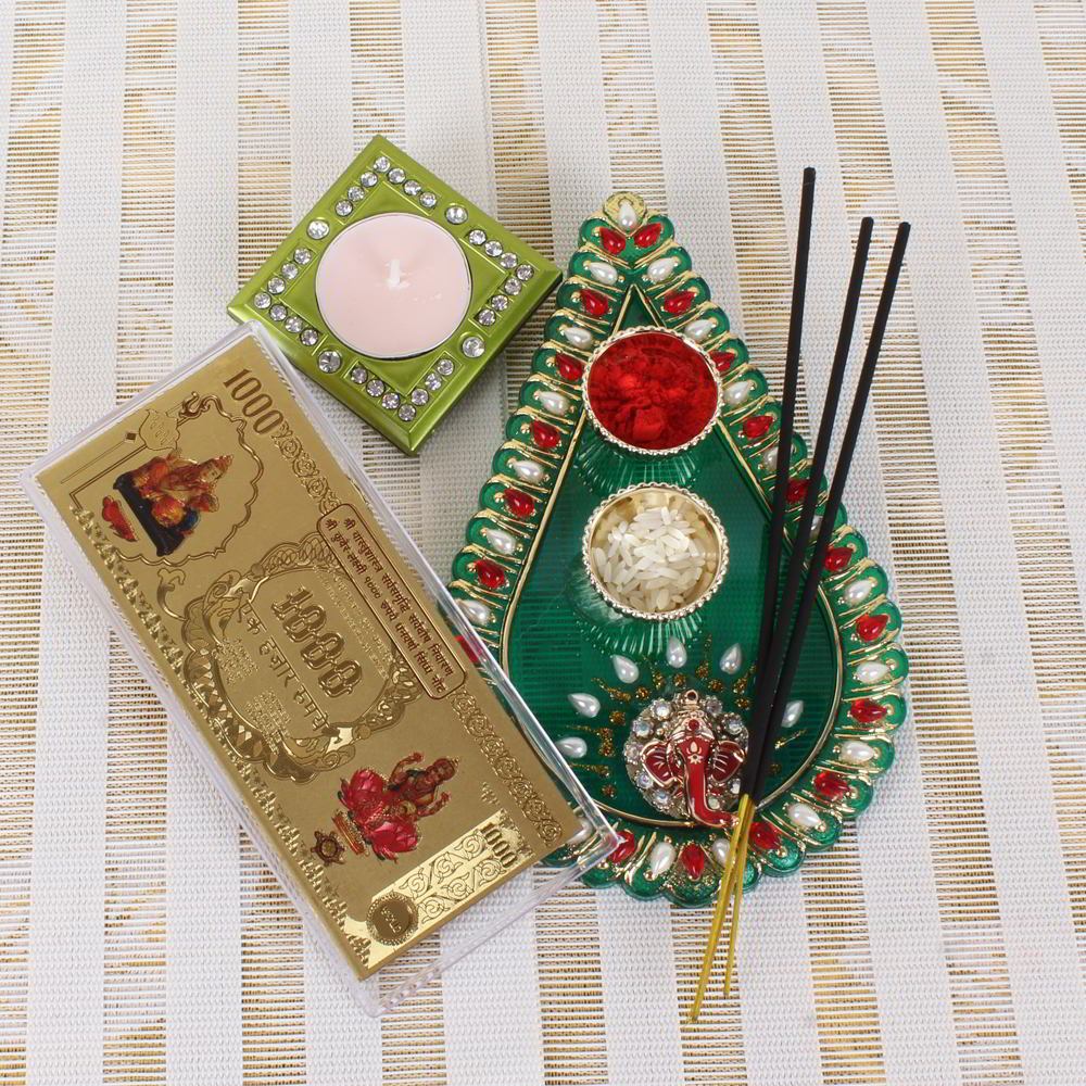 Acrylic Tear Drop Thali with Candle and Kuber Lakshmi Note