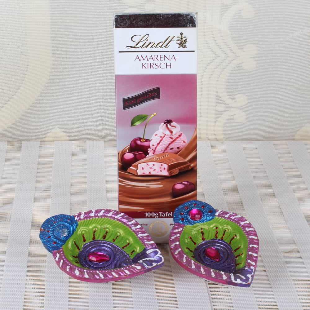 Lindt Amarena-Kirsch Chocolate with Pair of Earthen Diyas