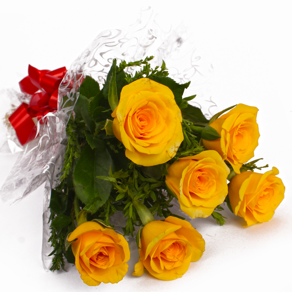 Bright Six Yellow Roses Wrapped