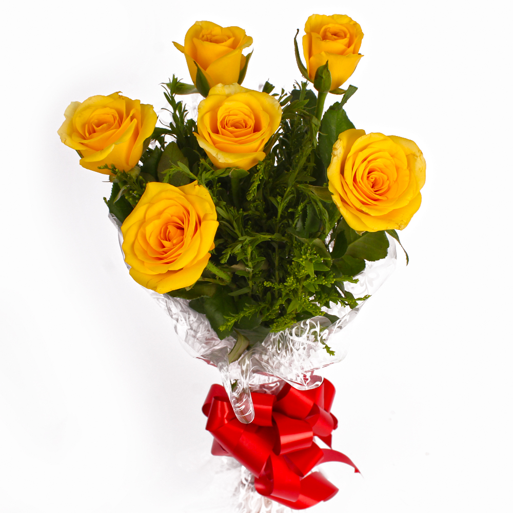 Bright Six Yellow Roses Wrapped