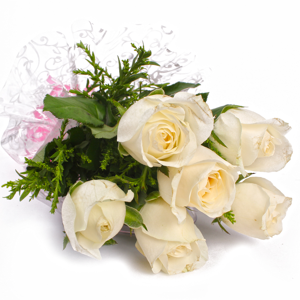 Innocent Six White Roses Wrapped