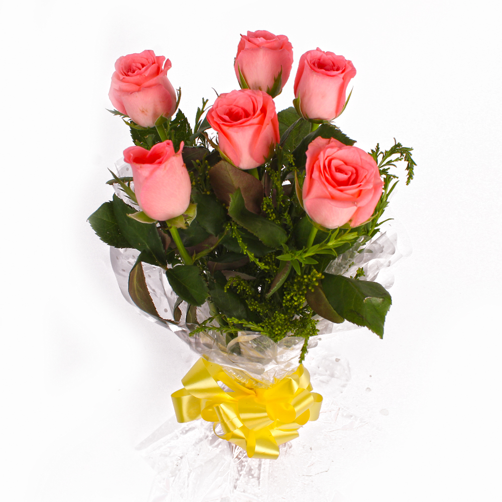 Six Pink Roses Bouquet Cellophane Wrapped