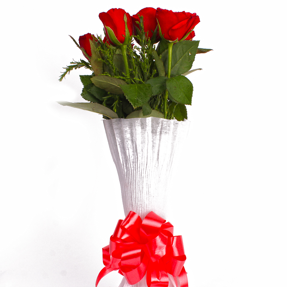 Six Red Roses with Tissue Wrapped