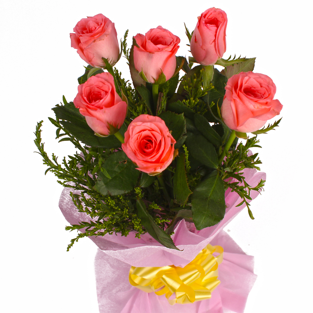 Six Pink Roses with Tissue Wrapping