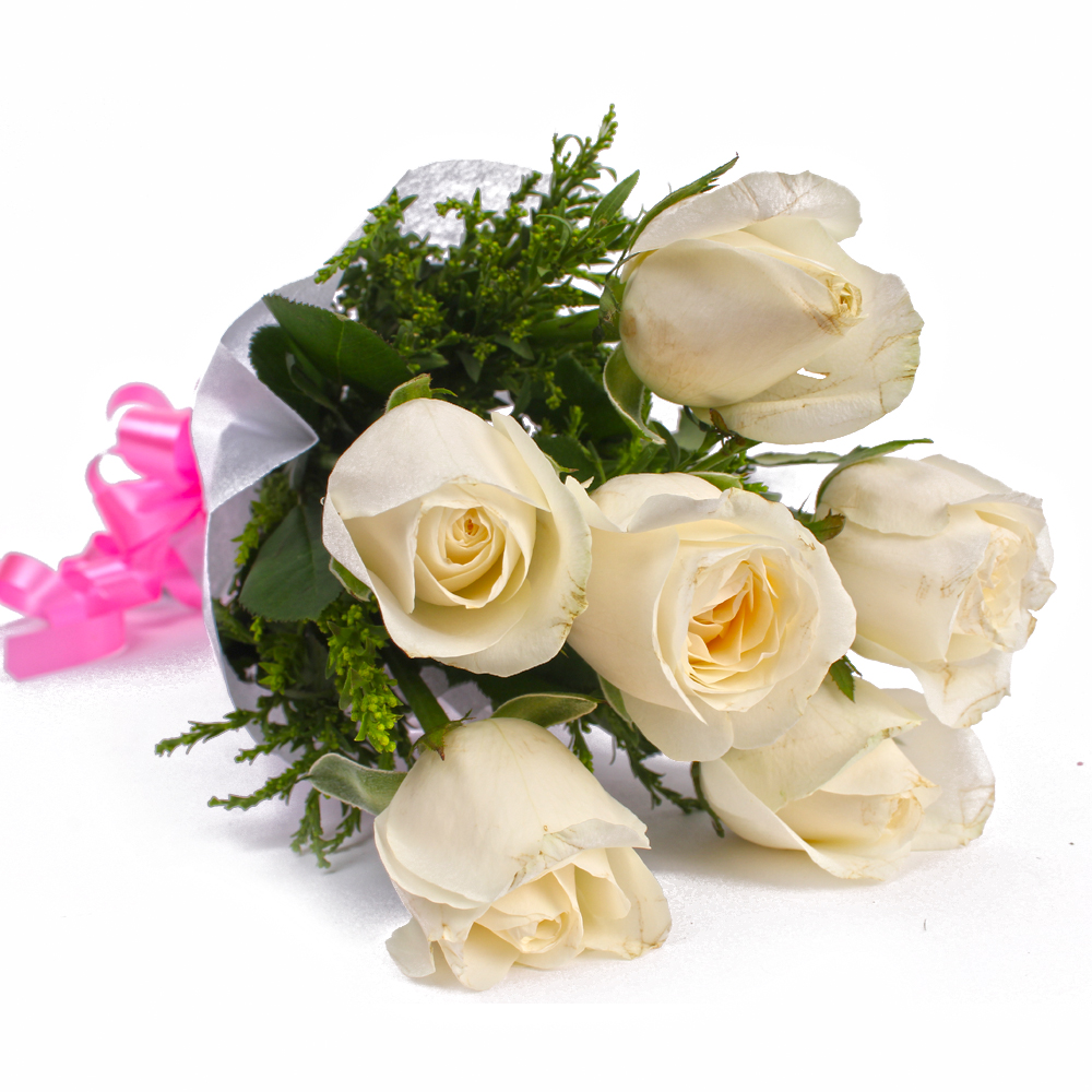 Six White Roses with Tissue Paper Wrapping