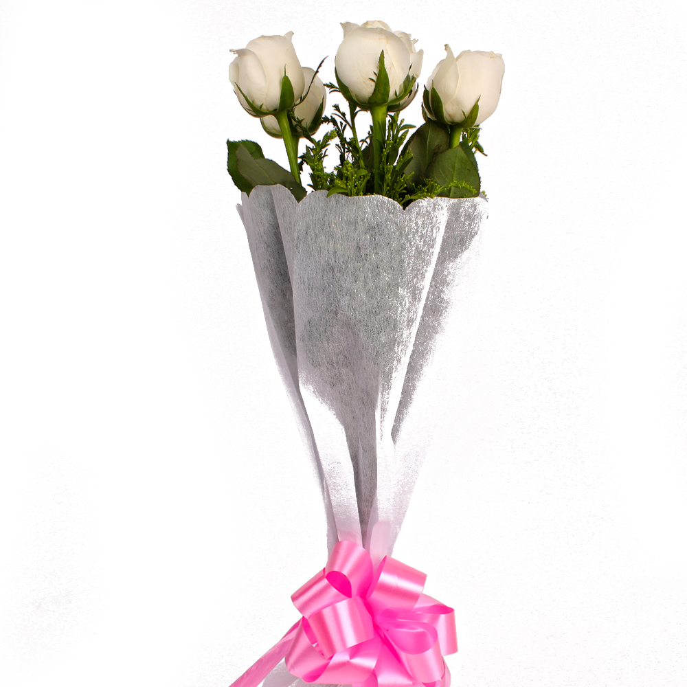 Six White Roses with Tissue Paper Wrapping