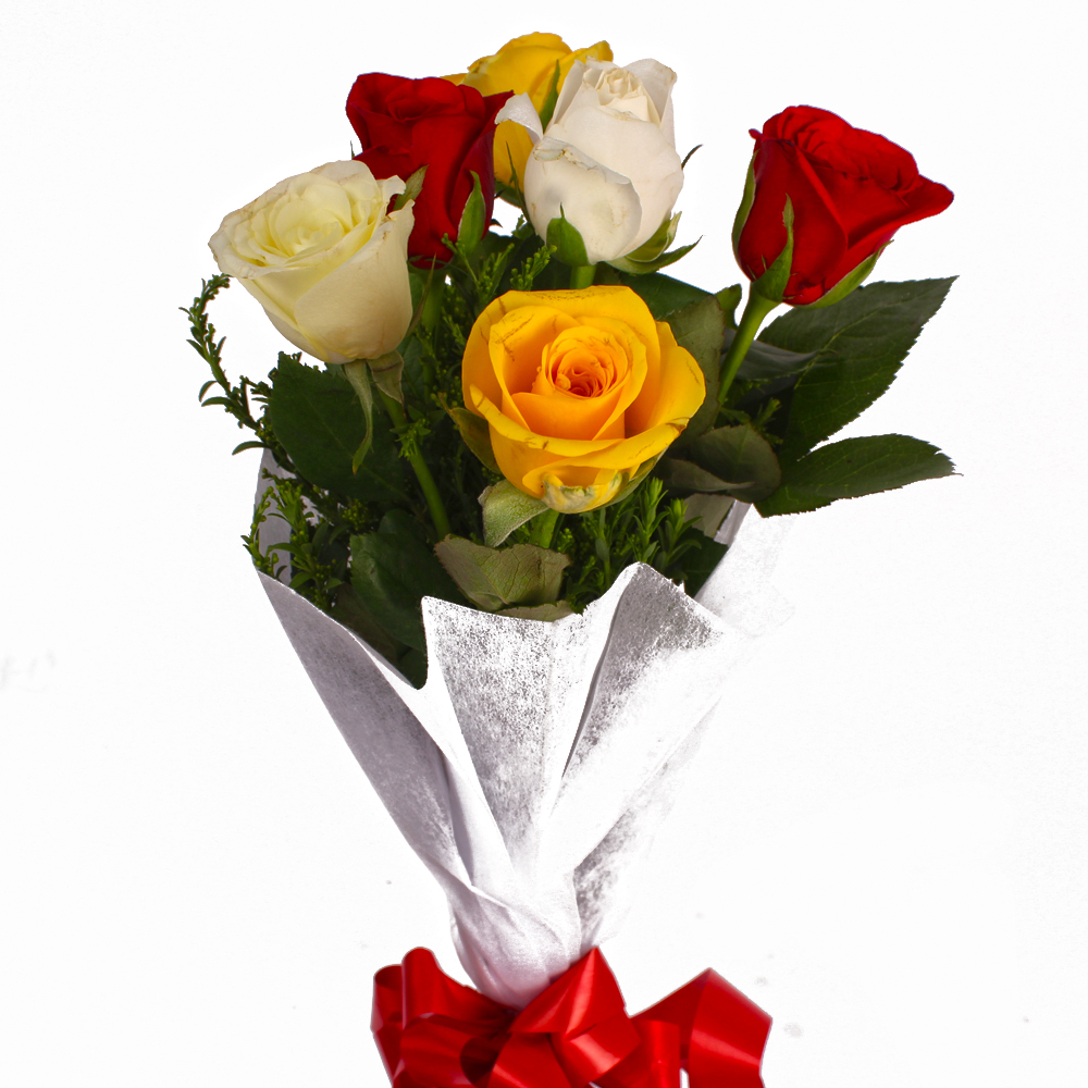 Six Multi Color Roses Tissue Wrapping