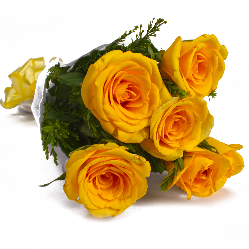 Six Yellow Color Roses Tissue Wrapping