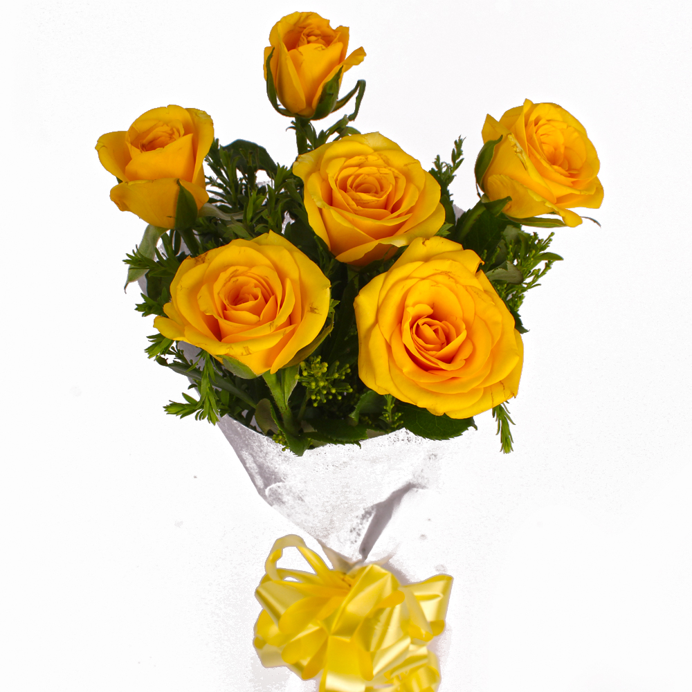 Six Yellow Color Roses Tissue Wrapping