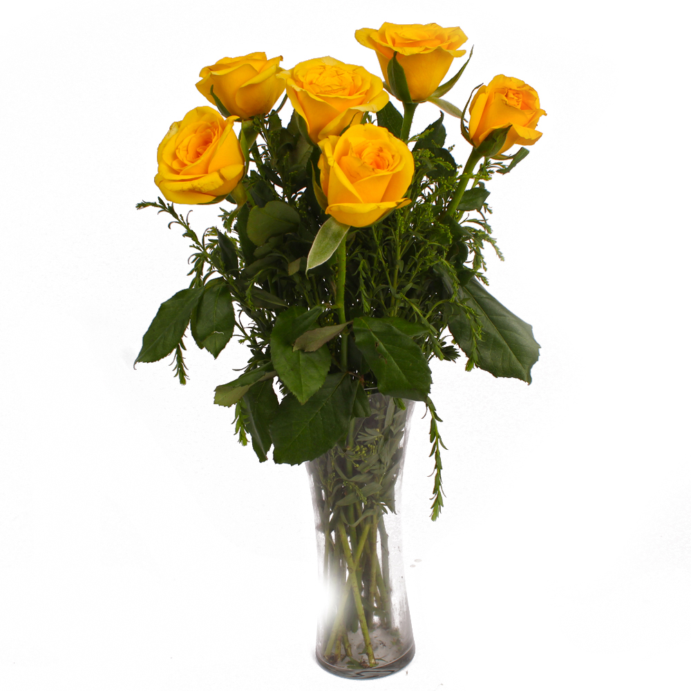 Shiny Six Yellow Roses in Vase