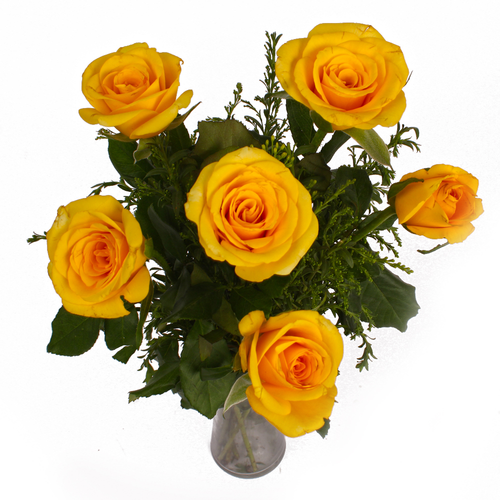 Shiny Six Yellow Roses in Vase