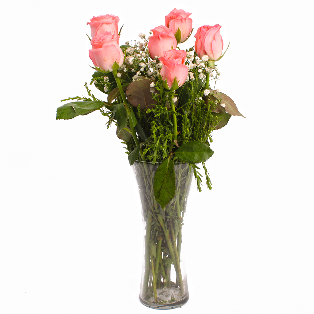 Perfect Vase of Six Pink Roses