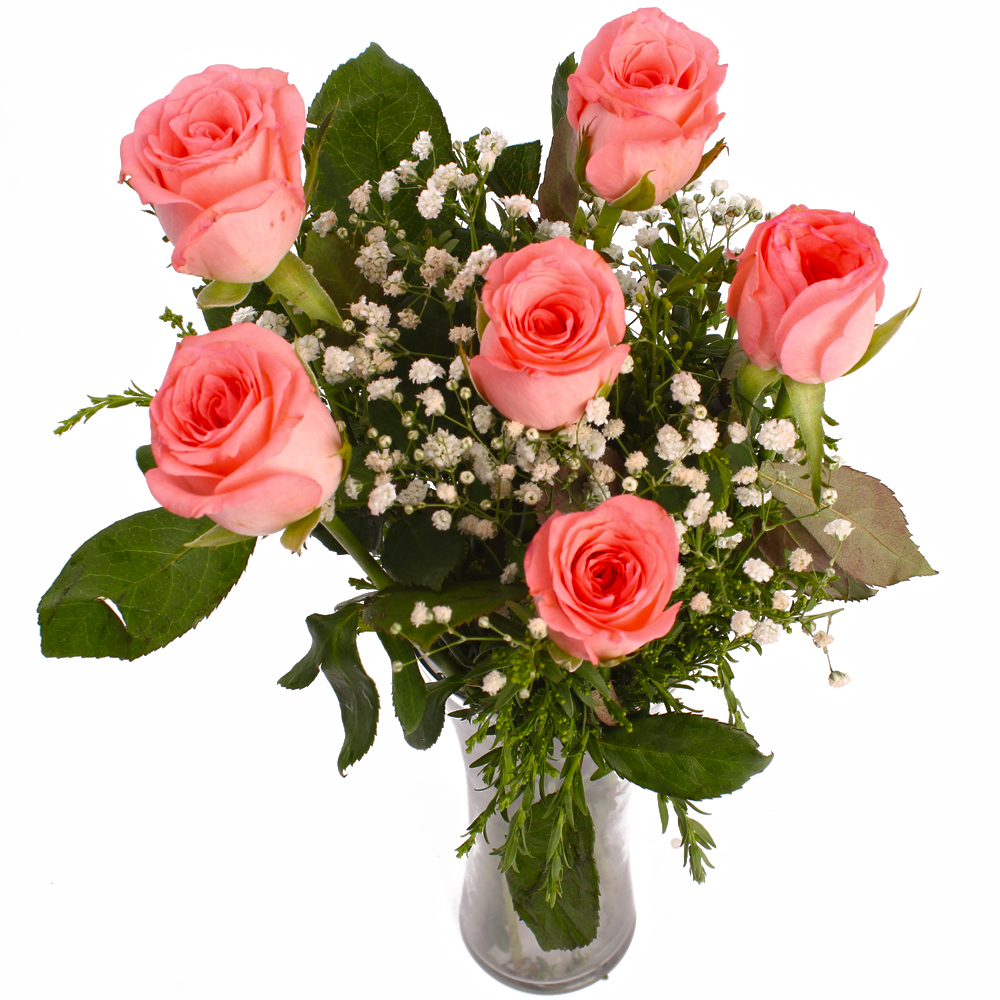 Perfect Vase of Six Pink Roses