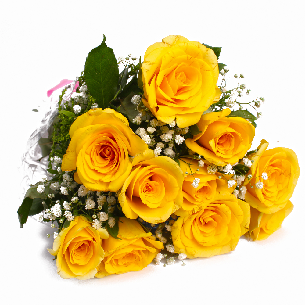 Ten Yellow Roses Hand Tied Cellophane Wrapped